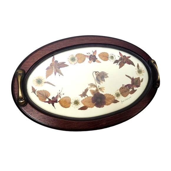Irish Dried Pressed Flowers Wooden Tray Wall Art Oval Bronze Handles - Picture 1 of 8